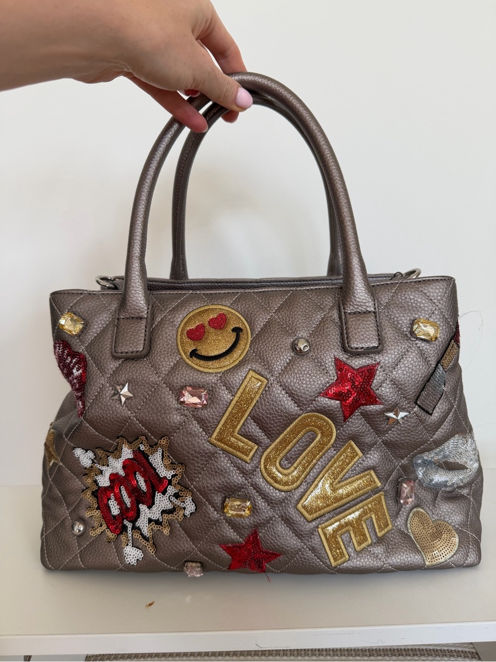 Embellished Quilted Tote Bag in Metallic Taupe $65